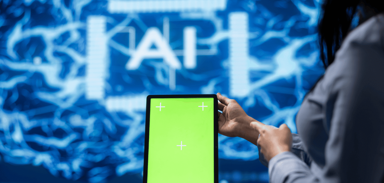 A professional using AI technology on a tablet, representing WaveBNB’s AI-driven guest personalization to enhance Airbnb booking experiences and customer engagement Person holding a tablet with a green screen in front of a digital AI interface with neural network graphics.