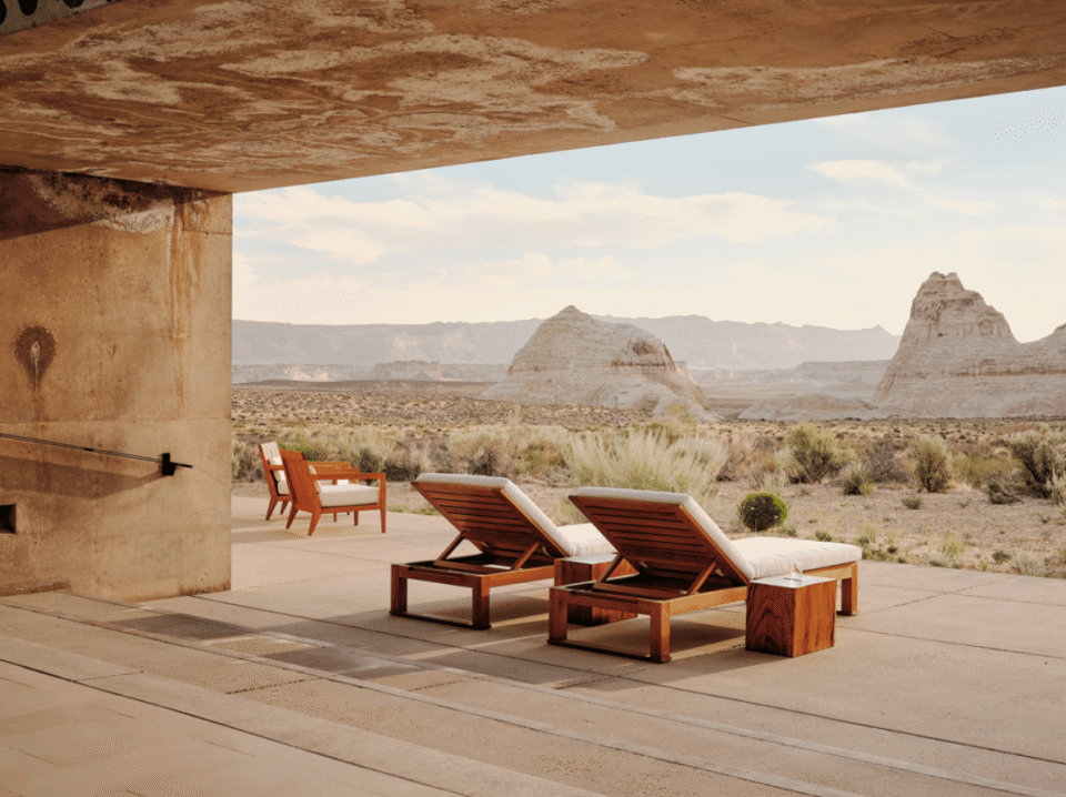 Luxury desert resort Amangiri by Aman Resorts, featuring an outdoor lounge with breathtaking canyon views—highlighting how WaveBNB helps boutique hotels maximize revenue through smart, automated u
