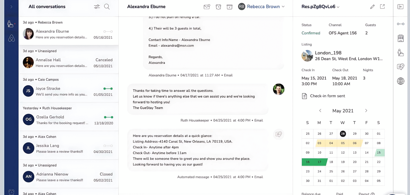 Inbox - WaveBNB WaveBNB unified inbox dashboard showing guest conversations, calendar, booking details, and automated messages for Airbnb and short-term rentals.