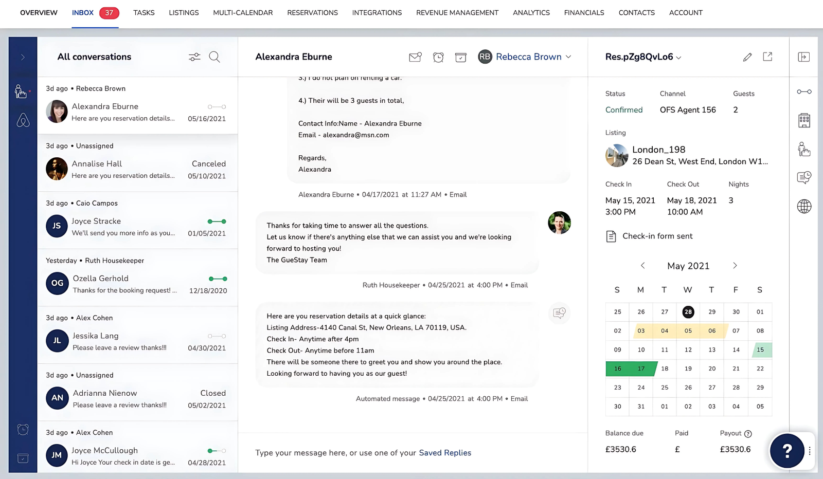 WaveBNB unified inbox dashboard showing guest conversations, calendar, booking details, and automated messages for Airbnb and short-term rentals.