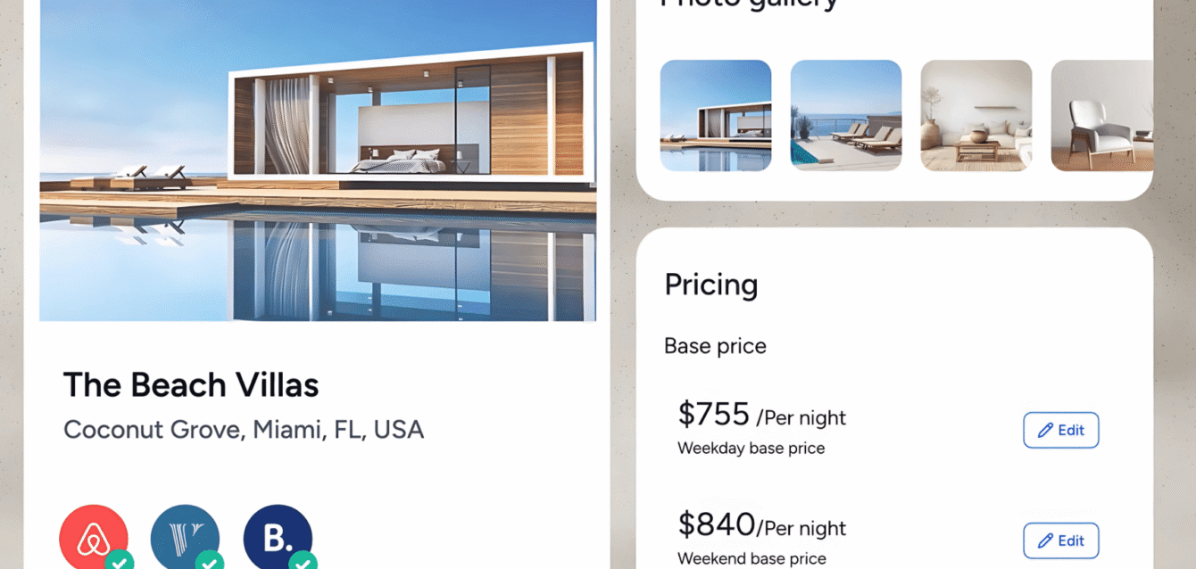 CHANNEL MANAGER- WaveBNB WaveBNB dashboard showing The Beach Villas in Miami with multi-channel sync on Airbnb, Vrbo, and Booking.com plus dynamic pricing details