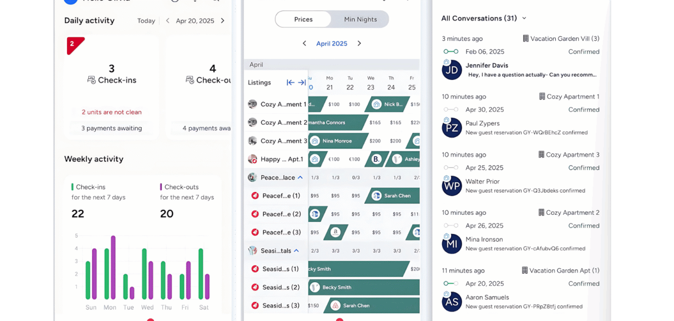 MOBILE APP- WaveBNB WaveBNB mobile app dashboard showing daily check-ins, multi-property calendar with guest names and prices, and unified guest messaging inbox on three iPhone screens.