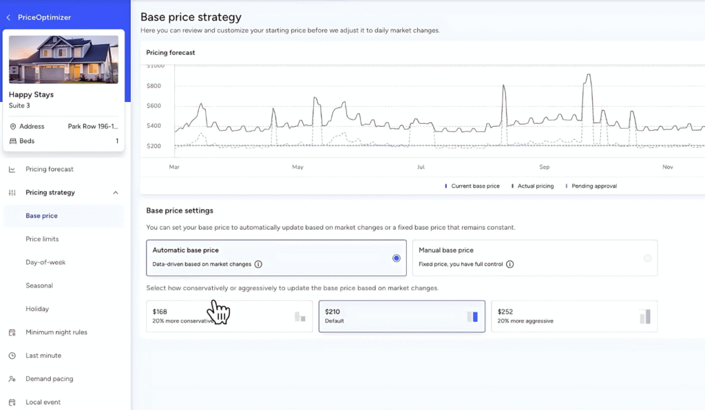 Dynamic Airbnb pricing dashboard by WaveBNB showing base price strategy, pricing forecast graph, and automated vs manual base pricing options.