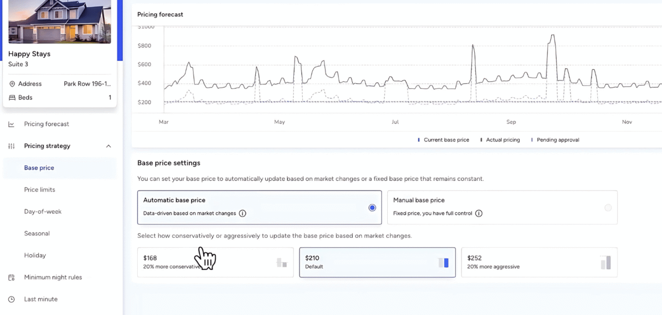 PRICE WaveBNB Dynamic Airbnb pricing dashboard by WaveBNB showing base price strategy, pricing forecast graph, and automated vs manual base pricing options.