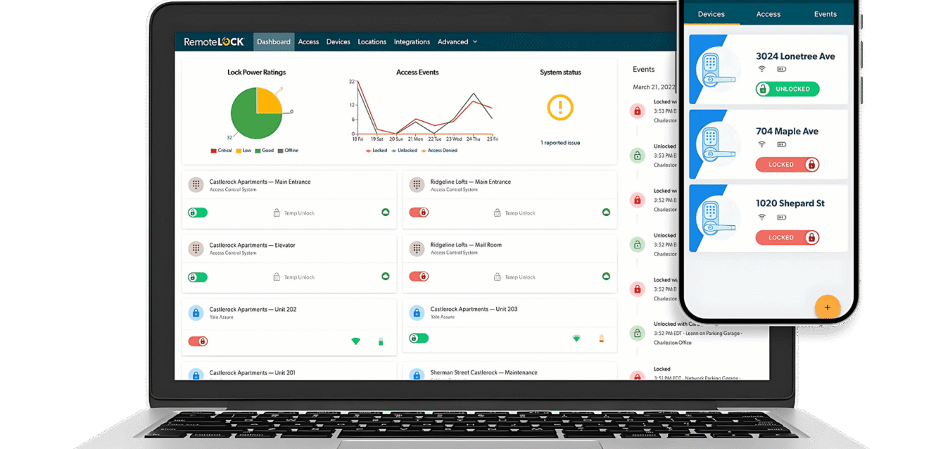 SMARTLOCK WaveBNB Smart lock manager dashboard and mobile app by WaveBNB showing live access status, lock events, and property security controls.