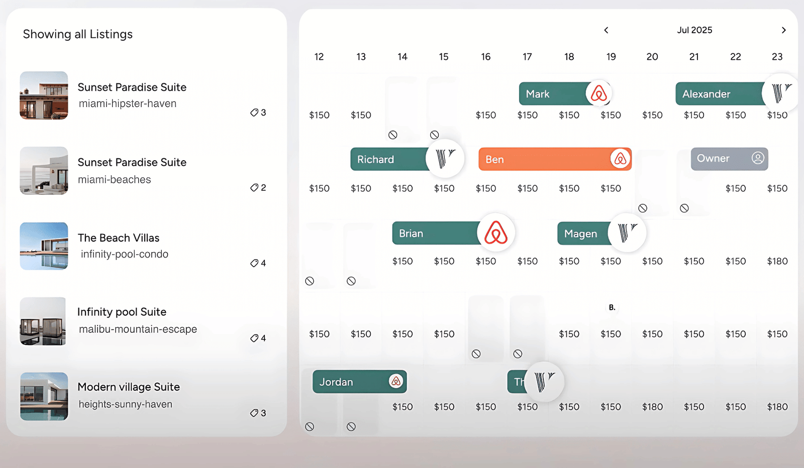 WaveBNB multi-calendar dashboard showing multiple property listings with booked dates, guest names, pricing, and platform icons like Airbnb and Vrbo.