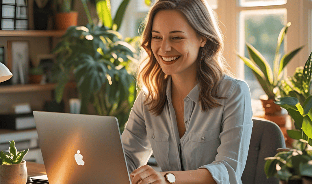 Airbnb host using WaveBNB to manage direct bookings on her laptop in a sunlit home office