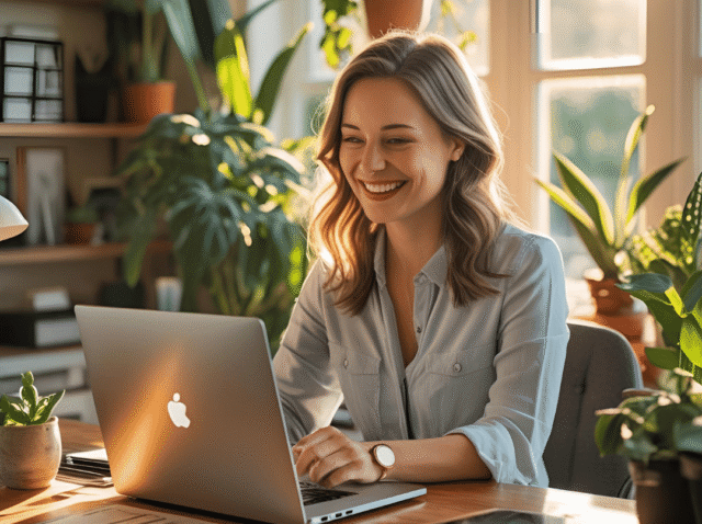 Airbnb host using WaveBNB to manage direct bookings on her laptop in a sunlit home office
