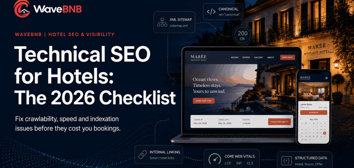 Technical SEO for Hotels: The 2026 Checklist Technical SEO for Hotels 2026 hero showing a boutique hotel website with sitemap, canonical, Core Web Vitals, internal linking and structured data checks.