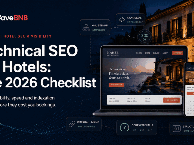 Technical SEO for Hotels: The 2026 Checklist Technical SEO for Hotels 2026 hero showing a boutique hotel website with sitemap, canonical, Core Web Vitals, internal linking and structured data checks.