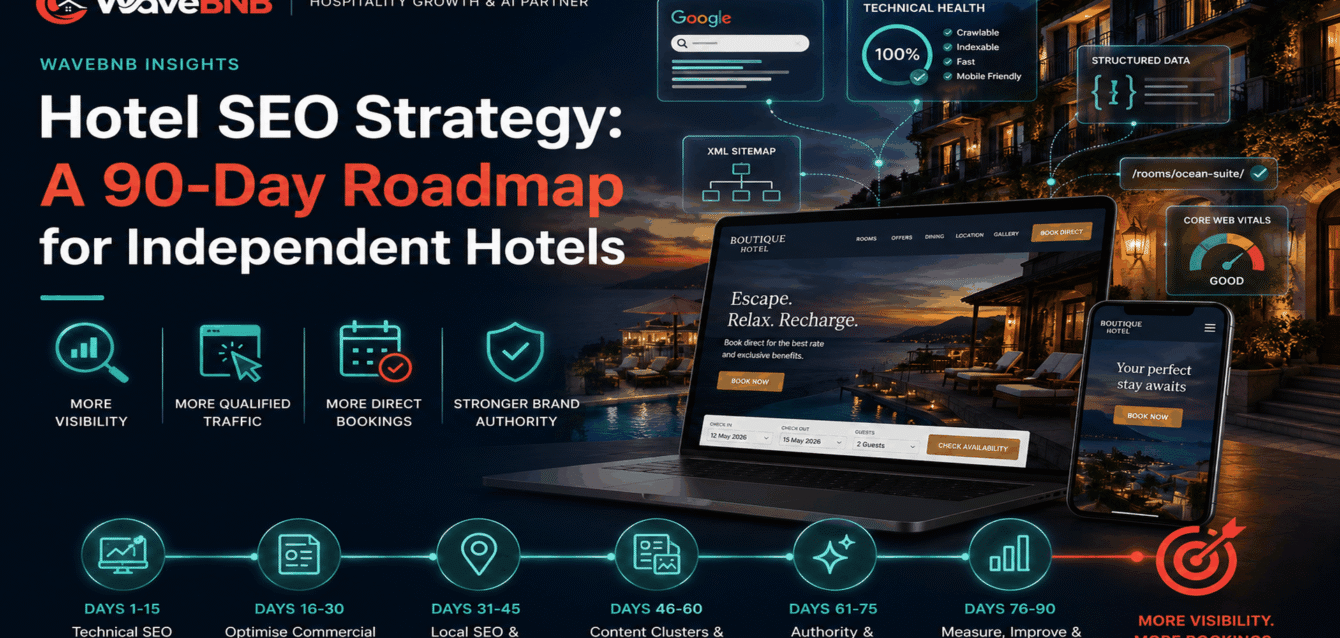 Hotel SEO Strategy: A 90-Day Roadmap for Independent Hotels WaveBNB hotel SEO strategy hero image showing an independent boutique hotel, a direct-booking website on laptop and mobile, technical SEO diagnostics, and a six-stage 90-day roadmap.