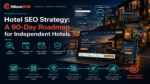 WaveBNB hotel SEO strategy hero image showing an independent boutique hotel, a direct-booking website on laptop and mobile, technical SEO diagnostics, and a six-stage 90-day roadmap.