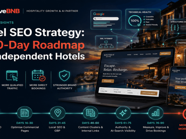 Hotel SEO Strategy: A 90-Day Roadmap for Independent Hotels WaveBNB hotel SEO strategy hero image showing an independent boutique hotel, a direct-booking website on laptop and mobile, technical SEO diagnostics, and a six-stage 90-day roadmap.