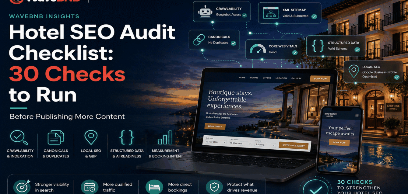 Hotel SEO Audit Checklist: 30 Checks to Run WaveBNB hotel SEO audit checklist hero image showing a boutique hotel, direct-booking website on laptop and mobile, and SEO checks for crawlability, XML sitemap, canonicals, Core Web Vitals, structured data and local SEO.