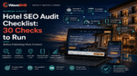WaveBNB hotel SEO audit checklist hero image showing a boutique hotel, direct-booking website on laptop and mobile, and SEO checks for crawlability, XML sitemap, canonicals, Core Web Vitals, structured data and local SEO.