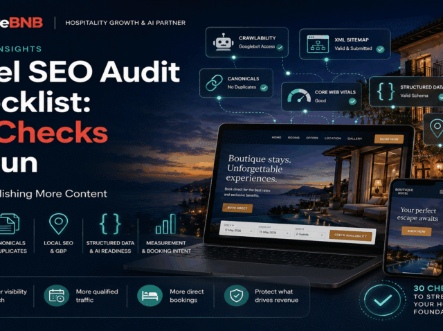 Hotel SEO Audit Checklist: 30 Checks to Run WaveBNB hotel SEO audit checklist hero image showing a boutique hotel, direct-booking website on laptop and mobile, and SEO checks for crawlability, XML sitemap, canonicals, Core Web Vitals, structured data and local SEO.