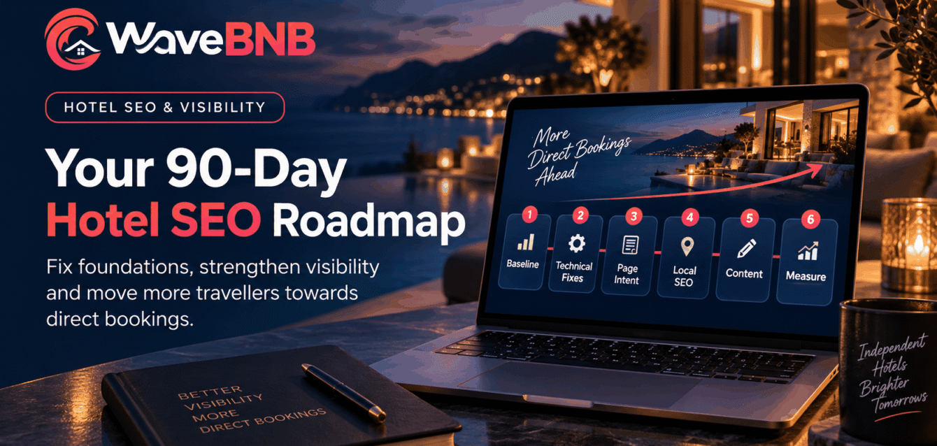 Hotel SEO Strategy: A 90-Day Roadmap for Independent Hotels WaveBNB hotel SEO strategy hero image showing an independent boutique hotel, a direct-booking website on laptop and mobile, technical SEO diagnostics, and a six-stage 90-day roadmap.