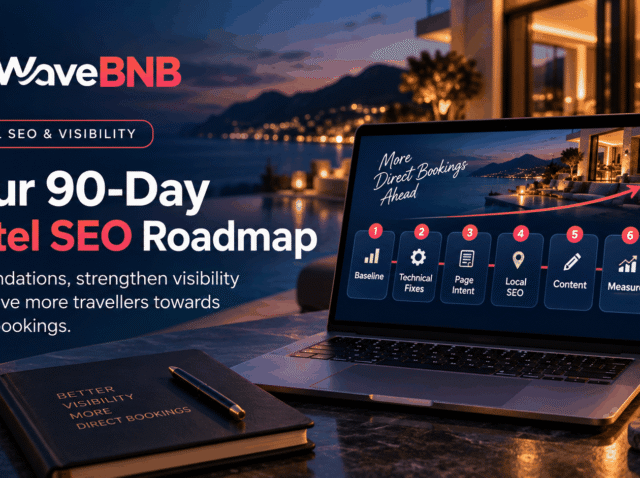 WaveBNB hotel SEO strategy hero image showing an independent boutique hotel, a direct-booking website on laptop and mobile, technical SEO diagnostics, and a six-stage 90-day roadmap.