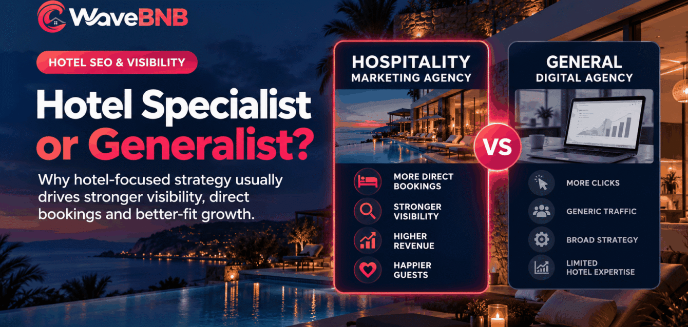 WaveBNB hospitality marketing agency vs general digital agency hero image showing a luxury hotel with search visibility, local discovery, direct bookings, conversions, booking-engine and distribution-strategy graphics.