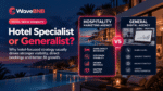 WaveBNB hospitality marketing agency vs general digital agency hero image showing a luxury hotel with search visibility, local discovery, direct bookings, conversions, booking-engine and distribution-strategy graphics.