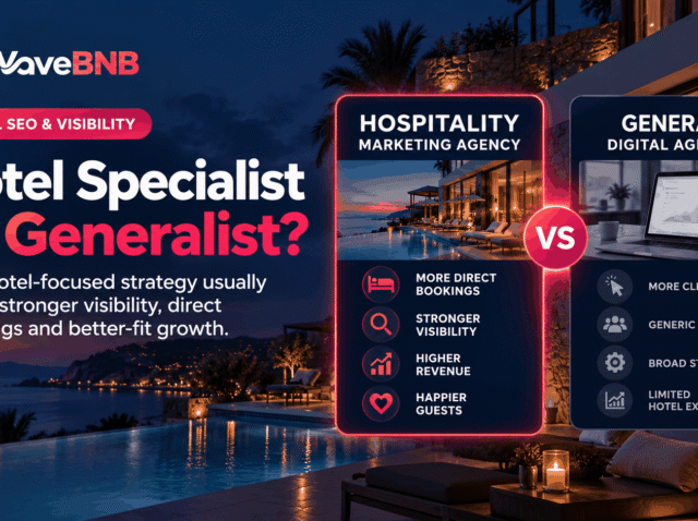 WaveBNB hospitality marketing agency vs general digital agency hero image showing a luxury hotel with search visibility, local discovery, direct bookings, conversions, booking-engine and distribution-strategy graphics.