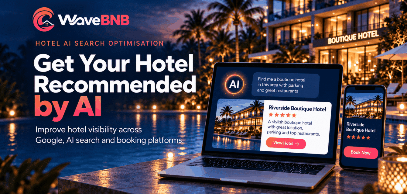 Hotel AI Search Optimisation: How to Make Your Property Easier for AI Engines to Recommend WaveBNB hotel AI search optimisation hero image showing a boutique hotel, an AI-powered hotel recommendation on a laptop and hotel details on a mobile device, illustrating clearer property information, AI visibility and direct booking.