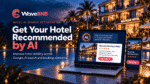 WaveBNB hotel AI search optimisation hero image showing a boutique hotel, an AI-powered hotel recommendation on a laptop and hotel details on a mobile device, illustrating clearer property information, AI visibility and direct booking.