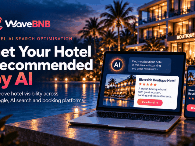 WaveBNB hotel AI search optimisation hero image showing a boutique hotel, an AI-powered hotel recommendation on a laptop and hotel details on a mobile device, illustrating clearer property information, AI visibility and direct booking.