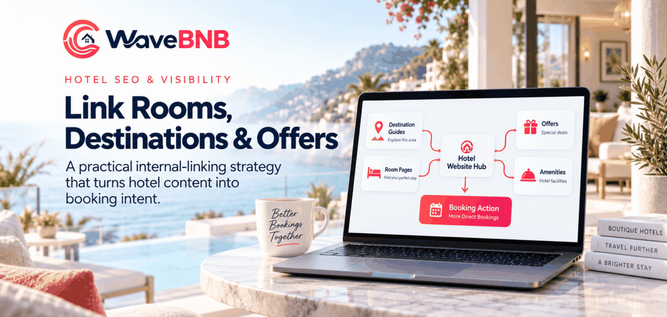 SEO for Hotels: Internal Linking Strategy for Rooms, Destinations and Offers WaveBNB hotel SEO internal linking strategy hero image showing destination guides, room pages, amenities and offers connected through a hotel website hub to a booking action.