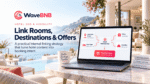 WaveBNB hotel SEO internal linking strategy hero image showing destination guides, room pages, amenities and offers connected through a hotel website hub to a booking action.