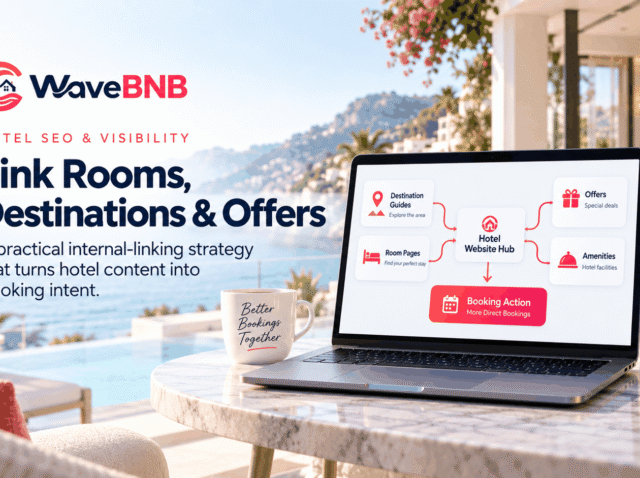 WaveBNB hotel SEO internal linking strategy hero image showing destination guides, room pages, amenities and offers connected through a hotel website hub to a booking action.