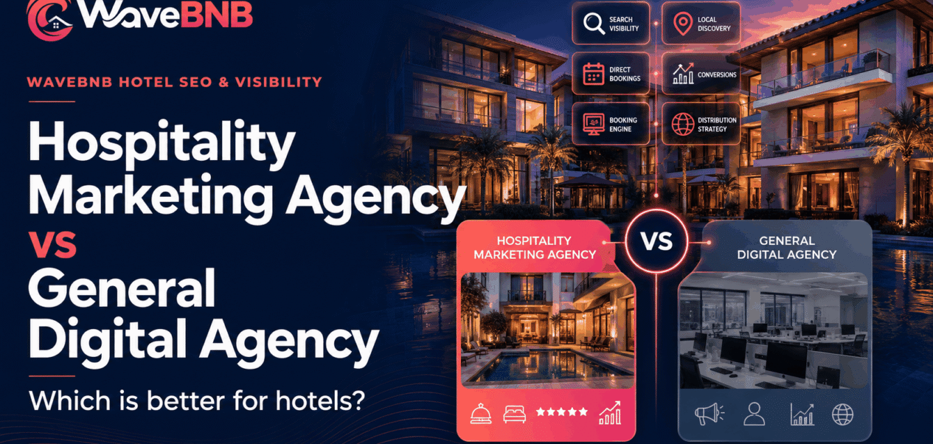 Hospitality Marketing Agency vs General Digital Agency WaveBNB hospitality marketing agency vs general digital agency hero image showing a luxury hotel with search visibility, local discovery, direct bookings, conversions, booking-engine and distribution-strategy graphics.