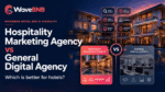 WaveBNB hospitality marketing agency vs general digital agency hero image showing a luxury hotel with search visibility, local discovery, direct bookings, conversions, booking-engine and distribution-strategy graphics.