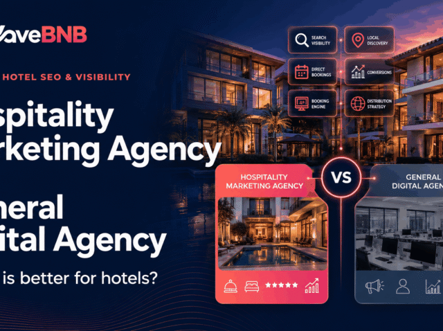 Hospitality Marketing Agency vs General Digital Agency WaveBNB hospitality marketing agency vs general digital agency hero image showing a luxury hotel with search visibility, local discovery, direct bookings, conversions, booking-engine and distribution-strategy graphics.