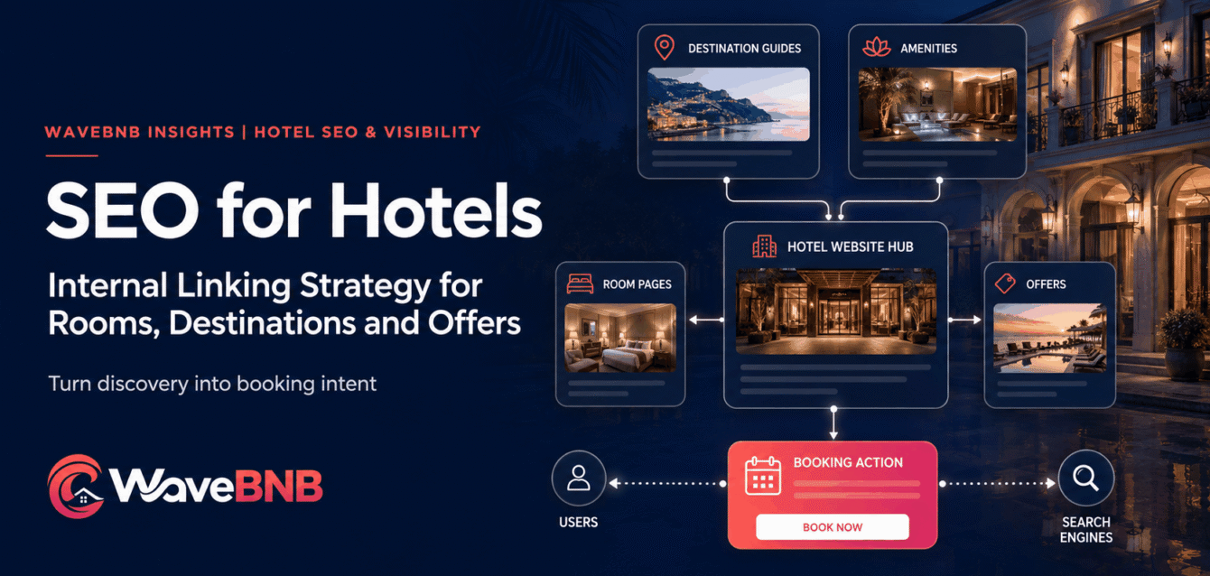 SEO for Hotels: Internal Linking Strategy for Rooms, Destinations and Offers WaveBNB hotel SEO internal linking strategy hero image showing destination guides, room pages, amenities and offers connected through a hotel website hub to a booking action.