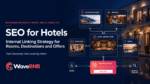 WaveBNB hotel SEO internal linking strategy hero image showing destination guides, room pages, amenities and offers connected through a hotel website hub to a booking action.