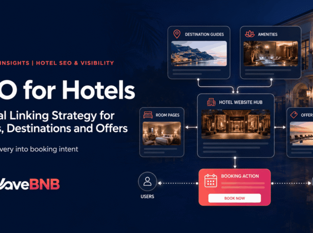 SEO for Hotels: Internal Linking Strategy for Rooms, Destinations and Offers WaveBNB hotel SEO internal linking strategy hero image showing destination guides, room pages, amenities and offers connected through a hotel website hub to a booking action.