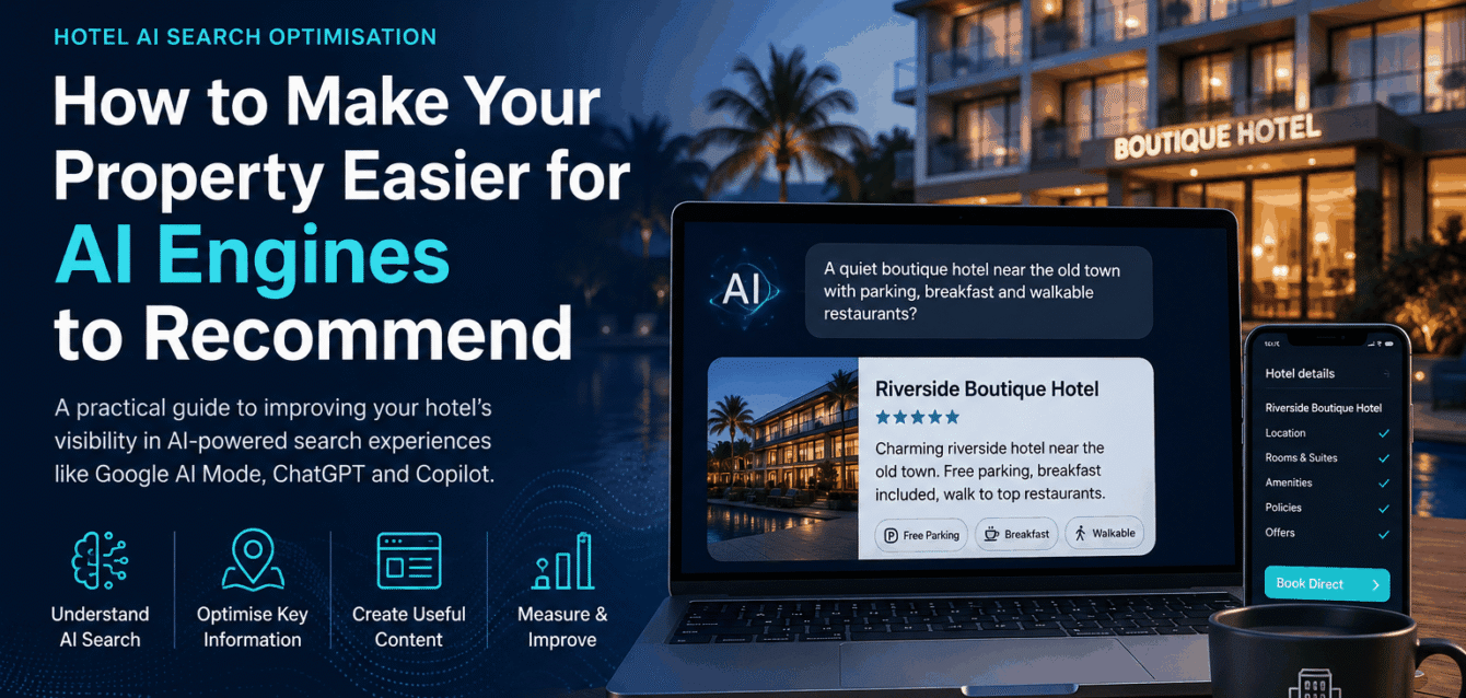 Hotel AI Search Optimisation: How to Make Your Property Easier for AI Engines to Recommend WaveBNB hotel AI search optimisation hero image showing a boutique hotel, an AI-powered hotel recommendation on a laptop and hotel details on a mobile device, illustrating clearer property information, AI visibility and direct booking.