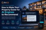 WaveBNB hotel AI search optimisation hero image showing a boutique hotel, an AI-powered hotel recommendation on a laptop and hotel details on a mobile device, illustrating clearer property information, AI visibility and direct booking.