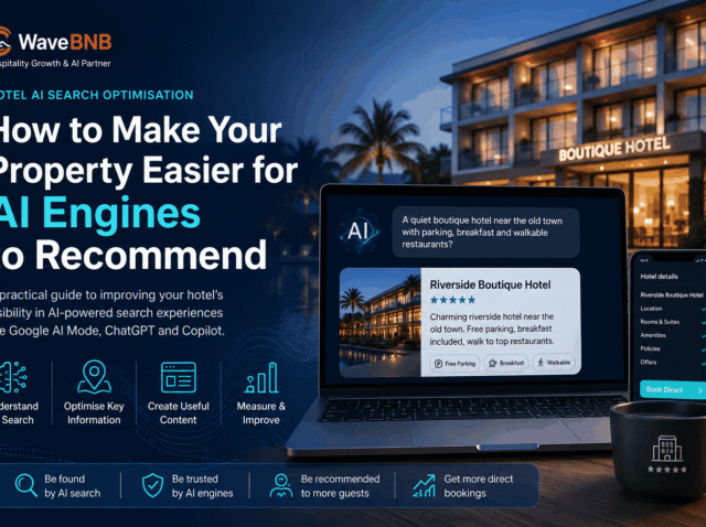 Hotel AI Search Optimisation: How to Make Your Property Easier for AI Engines to Recommend WaveBNB hotel AI search optimisation hero image showing a boutique hotel, an AI-powered hotel recommendation on a laptop and hotel details on a mobile device, illustrating clearer property information, AI visibility and direct booking.