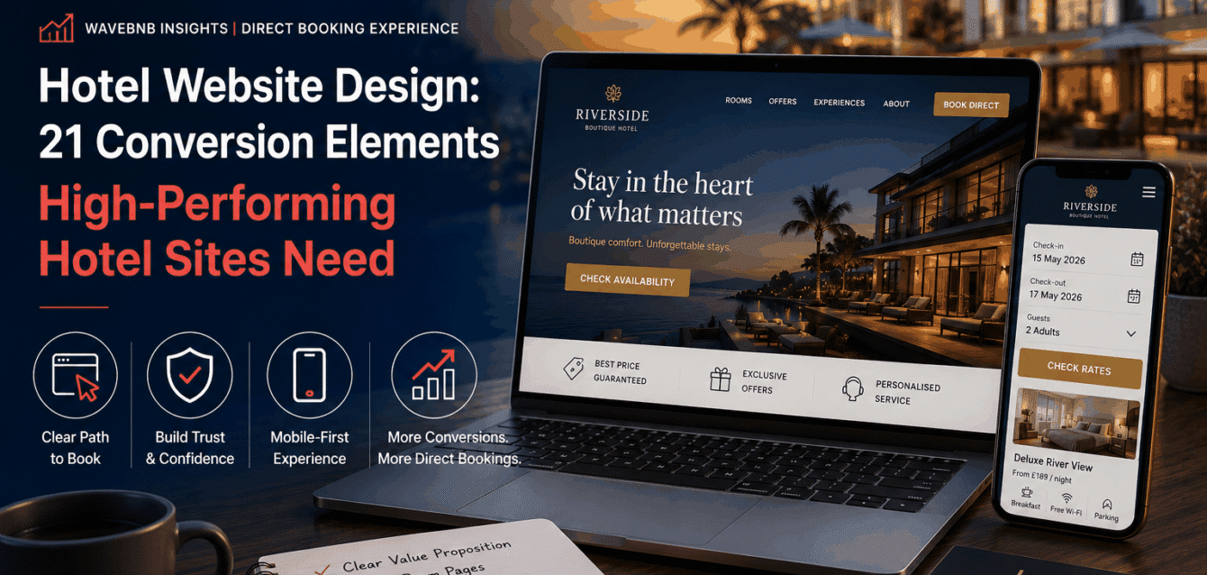 Hotel Website Design: 21 Conversion Elements High-Performing Hotel Sites Need WaveBNB hotel website design hero image showing a luxury hotel website on laptop and mobile, with booking availability, direct-booking benefits and conversion themes for trust, mobile UX and measurement.