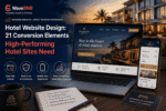 WaveBNB hotel website design hero image showing a luxury hotel website on laptop and mobile, with booking availability, direct-booking benefits and conversion themes for trust, mobile UX and measurement.