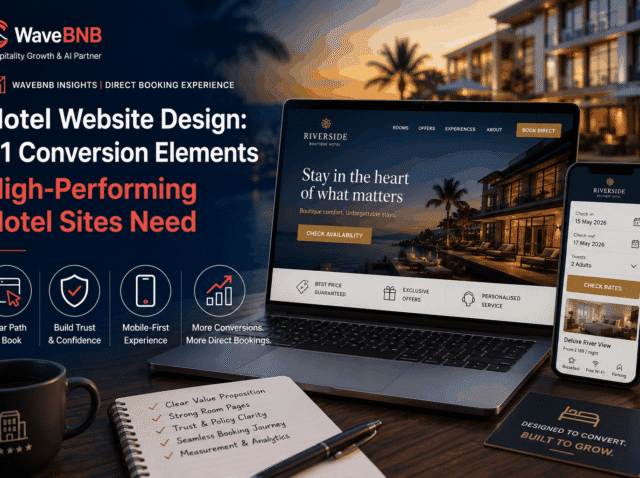 WaveBNB hotel website design hero image showing a luxury hotel website on laptop and mobile, with booking availability, direct-booking benefits and conversion themes for trust, mobile UX and measurement.