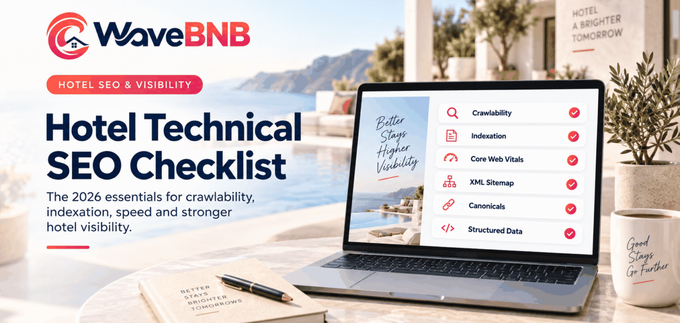 Hotel SEO Strategy: A 90-Day Roadmap for Independent Hotels WaveBNB hotel SEO strategy hero image showing an independent boutique hotel, a direct-booking website on laptop and mobile, technical SEO diagnostics, and a six-stage 90-day roadmap.