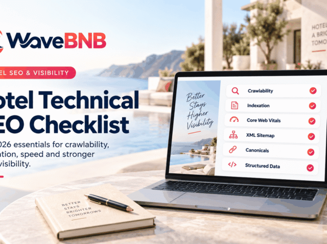WaveBNB hotel SEO strategy hero image showing an independent boutique hotel, a direct-booking website on laptop and mobile, technical SEO diagnostics, and a six-stage 90-day roadmap.
